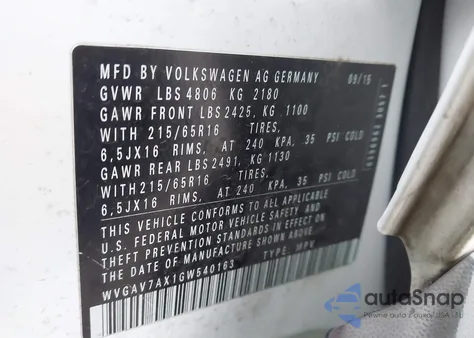 2016 Volkswagen Tiguan S из США, поврежденный, VIN WVGAV7AX1GW540163